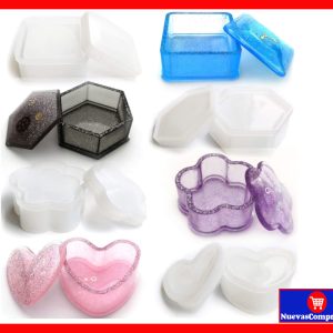 Moldes de Silicona para Resina Epoxi 4 Piezas Cajas de Joyería DIY (Corazón, Hexágono, Cuadrado y Flor)