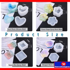 Moldes de Silicona para Resina Epoxi 4 Piezas Cajas de Joyería DIY (Corazón, Hexágono, Cuadrado y Flor)