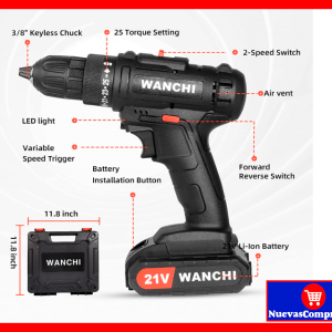 Kit de Taladro Inalámbrico WANCHI 21V con 49 Accesorios, Batería Recargable y Mandril 3/8