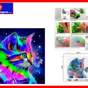 Kit de Pintura Diamante 5D Gato Colorido con Mariposa 30×30 cm DIY Decoración Hogar Sin Marco