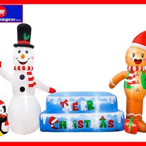 Inflable Navideño Gigante 3 Metros – Muñeco de Nieve, Jengibre y Pingüino con Luces LED