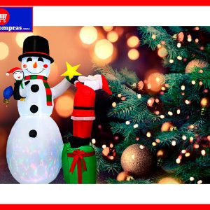 Muñeco de Nieve Inflable 2.30 Metros con Luces LED Giratorias – Decoración Navideña Exterior e Interior