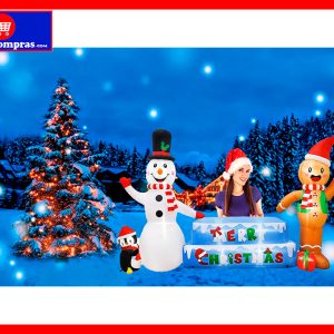 Inflable Navideño Gigante 3 Metros – Muñeco de Nieve, Jengibre y Pingüino con Luces LED
