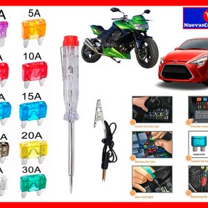 Probador de Voltaje para Carro y Moto 6V–24V con 10 Fusibles Automotrices