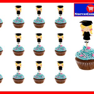 Toppers para Cupcakes Niña Graduación con Toga 12 Piezas | Decoración para Cupcakes y Postres de Graduación