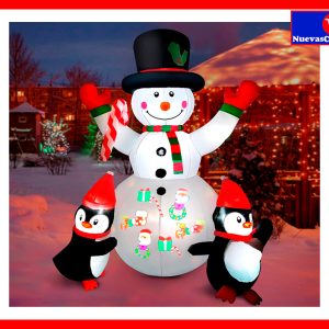 Inflable de Navidad Muñeco de Nieve con Pingüinos 6 Pies | Decoración Navideña Exterior con Luces LED y Proyector