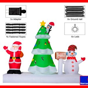 Inflable de Navidad 6 Pies con Árbol, Papá Noel y Muñeco de Nieve | Decoración Navideña Exterior con Luces LED