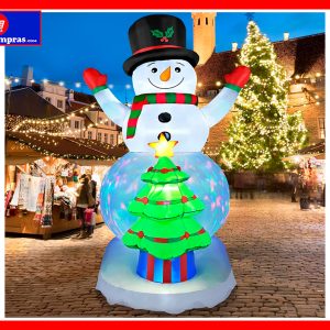 Muñeco de Nieve Inflable de Navidad 8 Pies con Árbol y Luces LED Giratorias | Decoración Navideña Exterior para Patio y Jardín