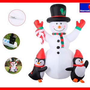 Inflable de Navidad Muñeco de Nieve con Pingüinos 6 Pies | Decoración Navideña Exterior con Luces LED y Proyector
