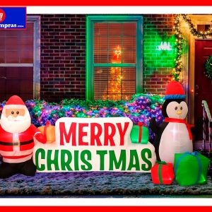 Inflable de Navidad 9 Pies Papá Noel y Pingüino con Letrero Merry Christmas | Decoración Navideña con Luces LED para Jardín y Patio