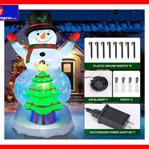Muñeco de Nieve Inflable de Navidad 8 Pies con Árbol y Luces LED Giratorias | Decoración Navideña Exterior para Patio y Jardín