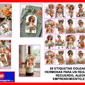 Etiquetas Colgantes 25 Unidades para Regalo / Ropa / Bisutería — Motivo Niña con Flores