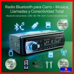 Radio Bluetooth 1 DIN para Carro con USB, SD, AUX y Manos Libres FM